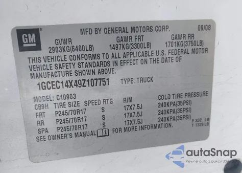 2009 Chevrolet Silverado 1500 Work Truck z USA, uszkodzony, nr VIN 1GCEC14X49Z107751